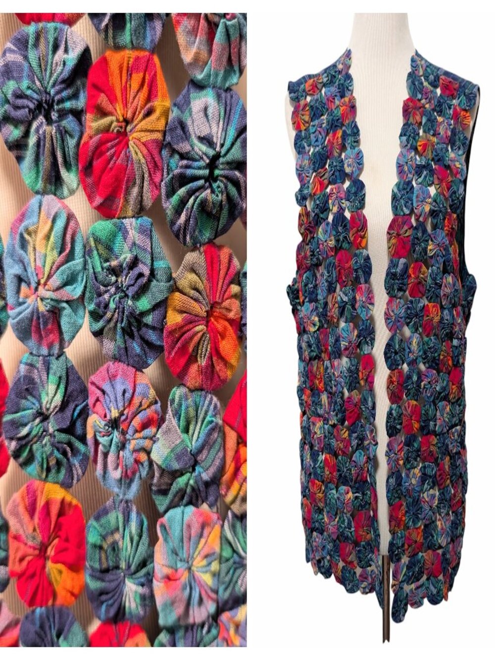 Vintage Susan Bristol Women Sz L/XL? Colorful Yo-Yo Quilted Plaid Back Boho Vest